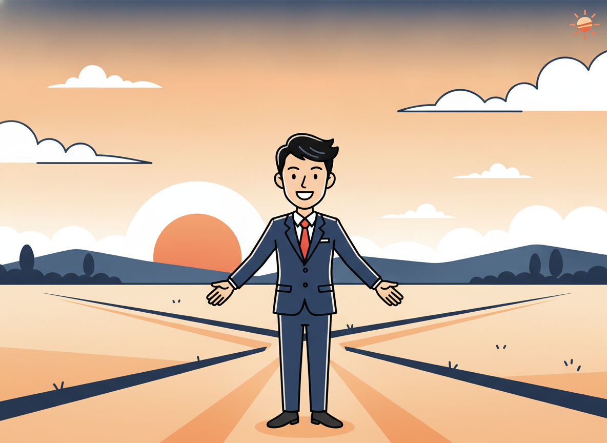 a person standing at a crossroads in an open field at sunrise