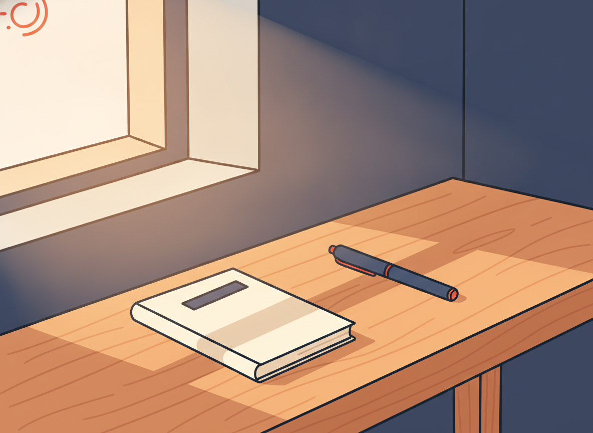 a clean wooden desk with a notebook and pen in morning sunlight, no text visible