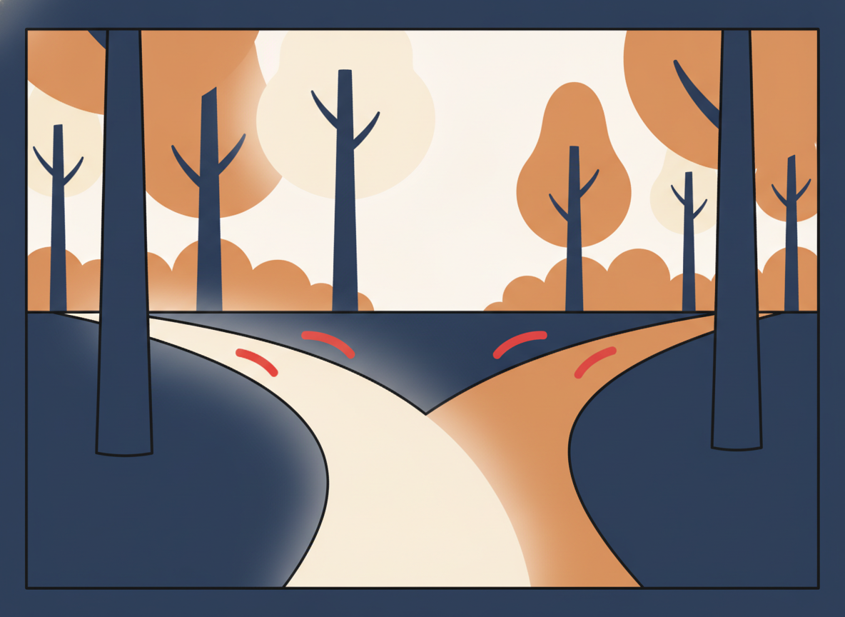 abstract image of a path splitting into two directions in a calm forest