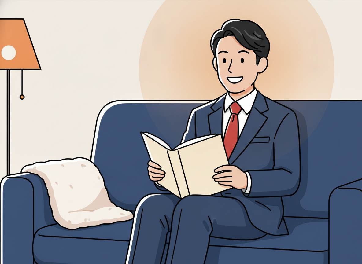 a person sitting comfortably on a sofa reading, warm indoor lighting