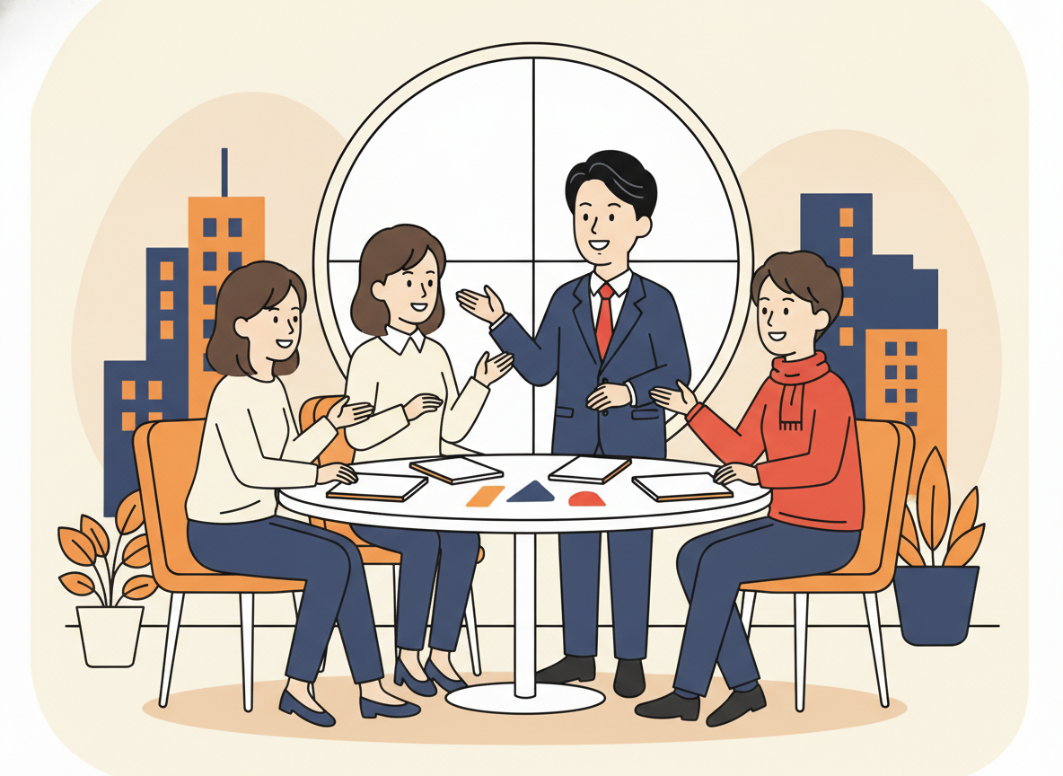 a small group of people gathered around a round table in a bright collaborative space