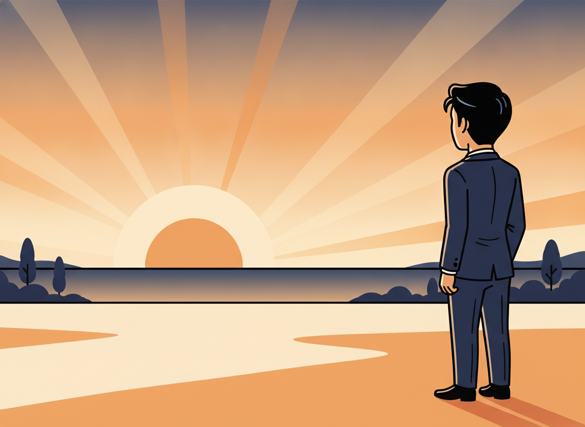 a calm sunrise over a wide open landscape with a single figure standing in the distance