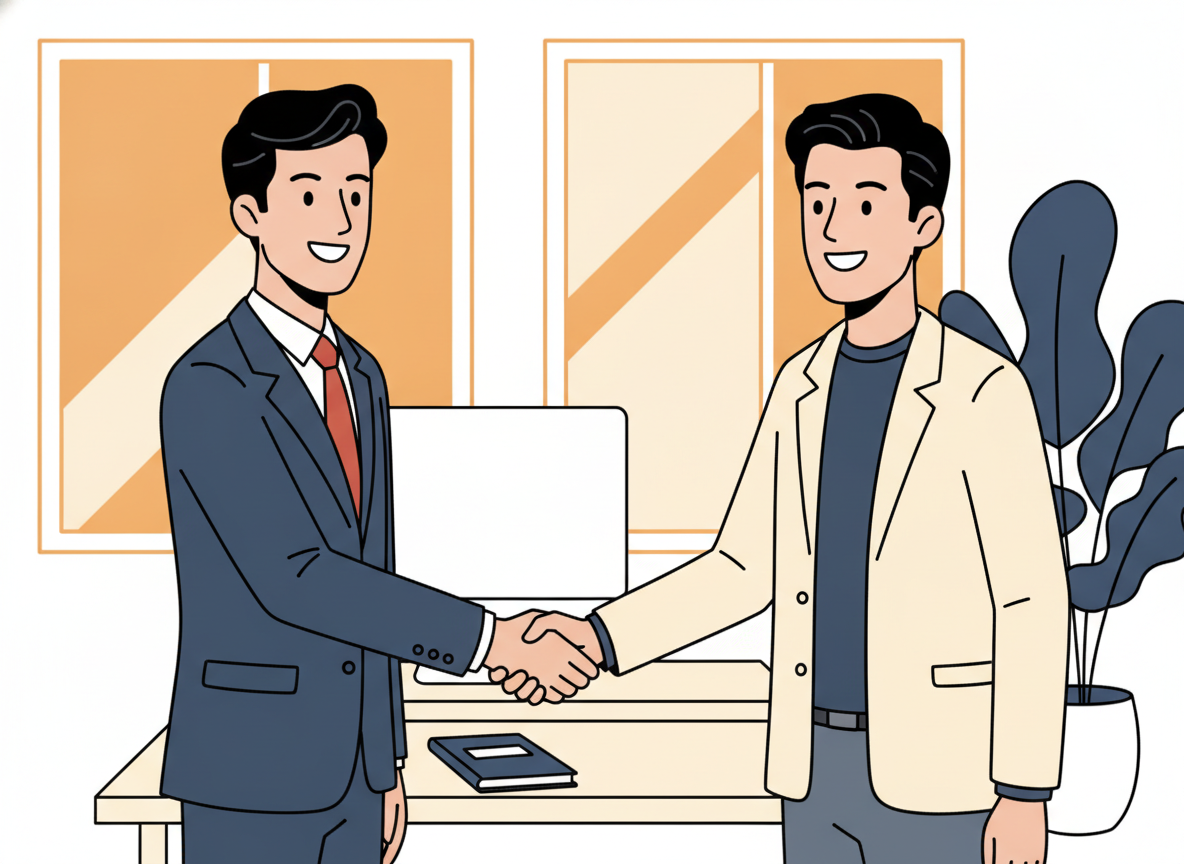 two people shaking hands in a bright office setting