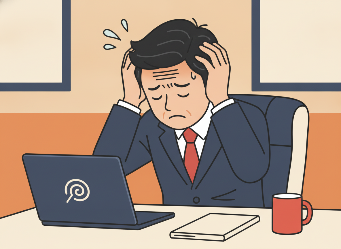 a person alone at a desk looking frustrated