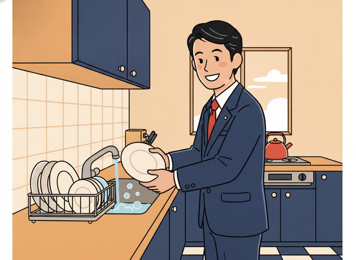 a person washing dishes in a small kitchen with warm light