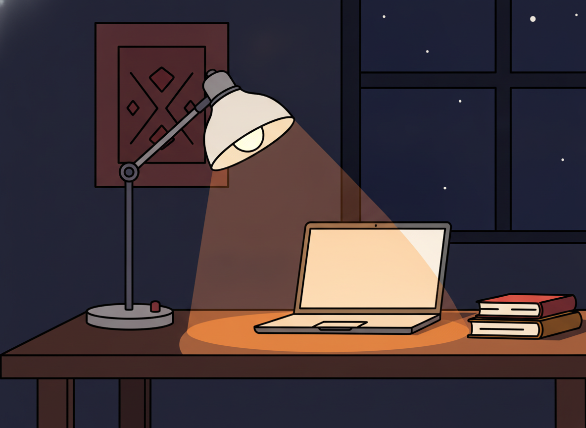 a single bright lamp on a wooden desk in a dark room