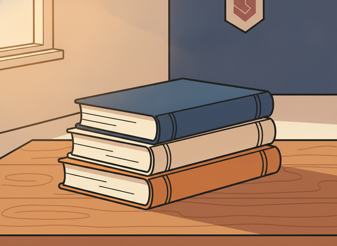 a few hardcover books stacked on a wooden table in natural light