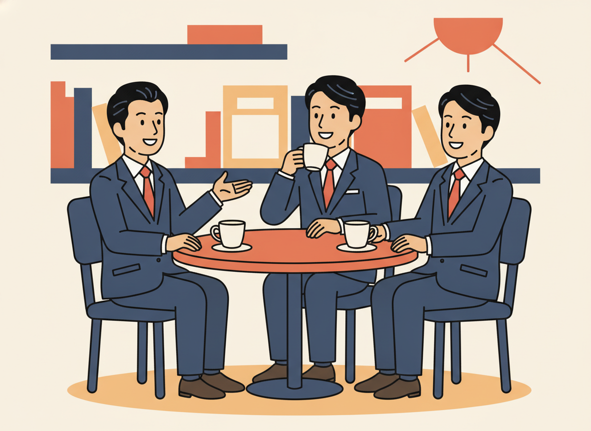 three people in a relaxed conversation around a round table