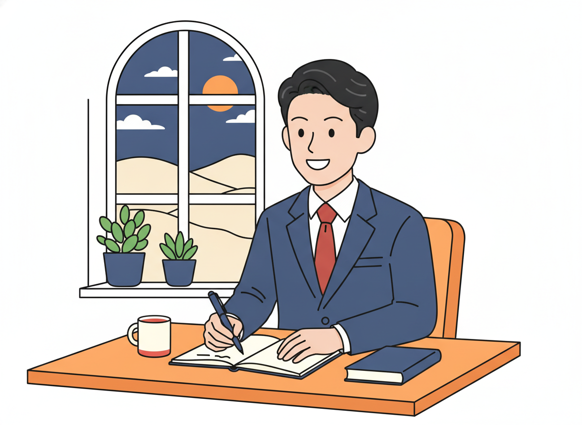 a person writing at a bright wooden desk by a window