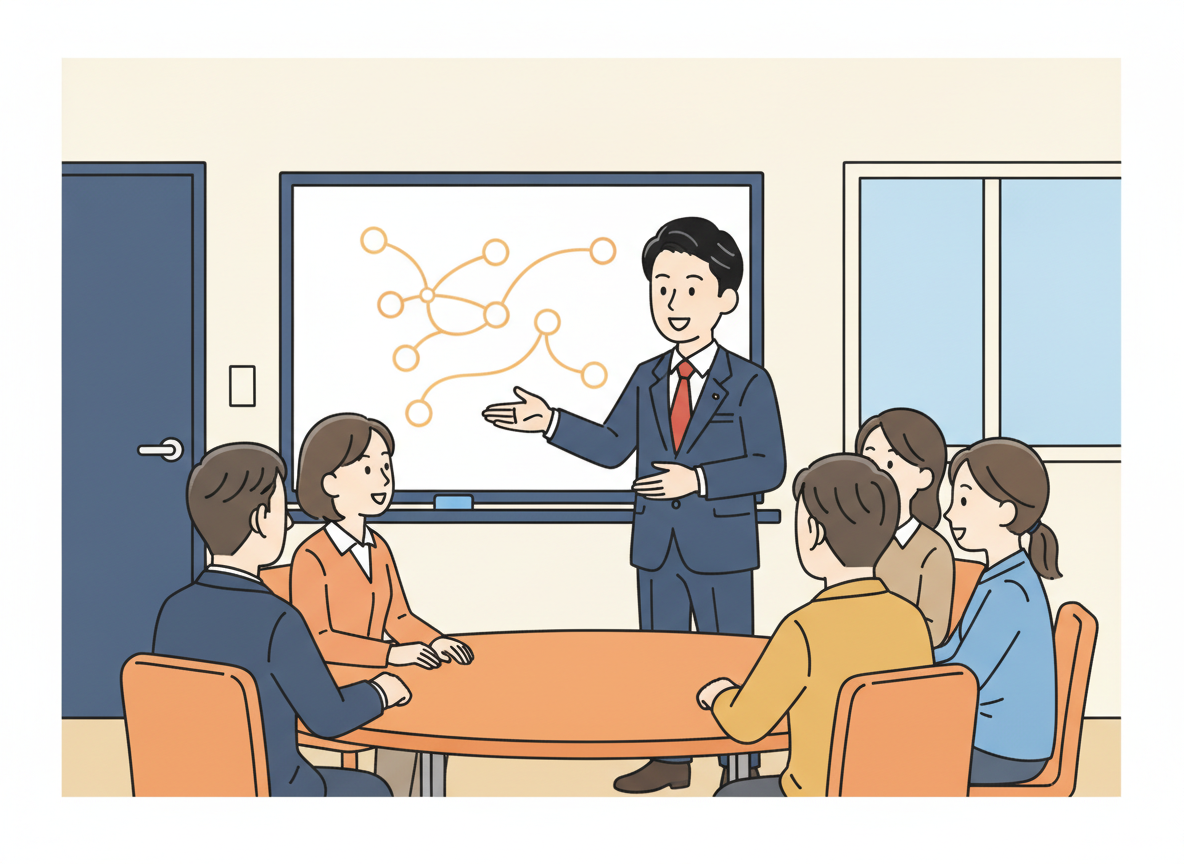 a person confidently presenting to a small engaged group