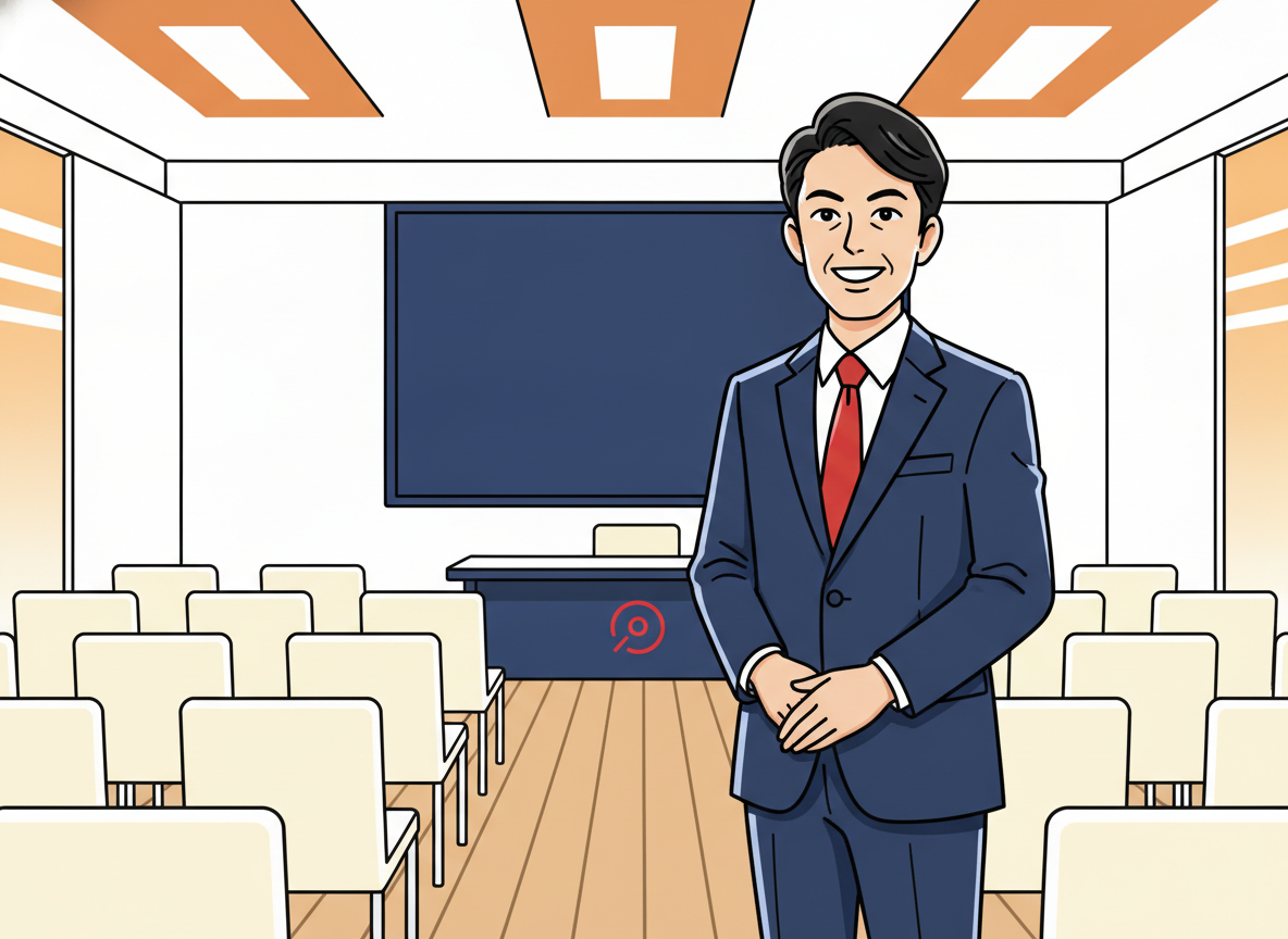 a bright modern seminar room with empty chairs and warm lighting