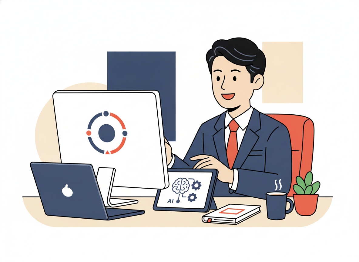 BNIのオンラインミーティングとAIツールを組み合わせるひとり社長のデスク環境イメージ