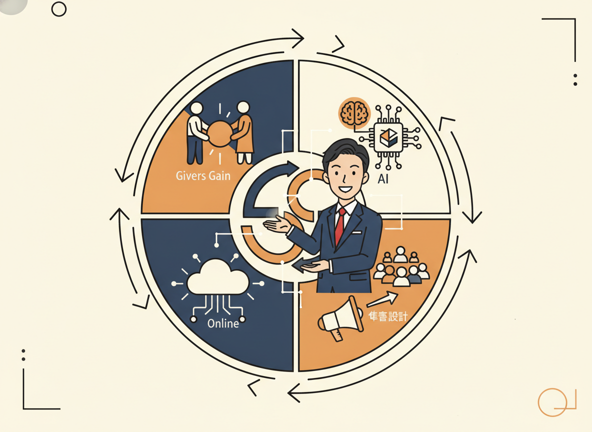 BNIのGivers GainとAIとオンラインが交わる集客設計の総まとめ図