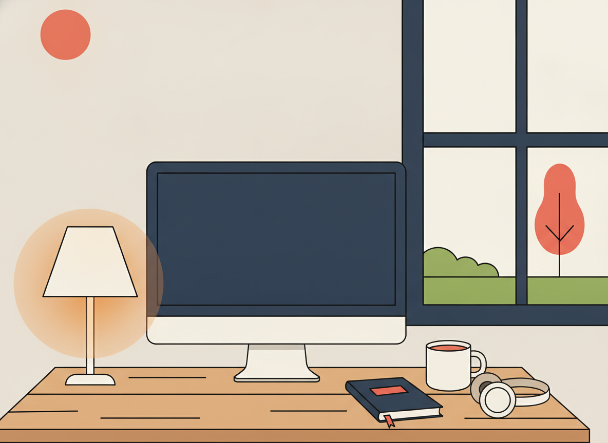 a tidy wooden desk in morning light with a monitor and soft lamp, no text