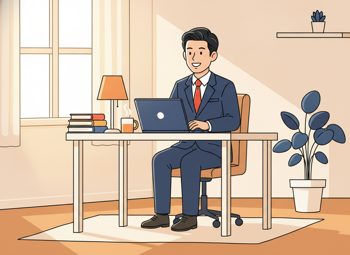 a person sitting at a clean desk in a home office, soft morning light, no text