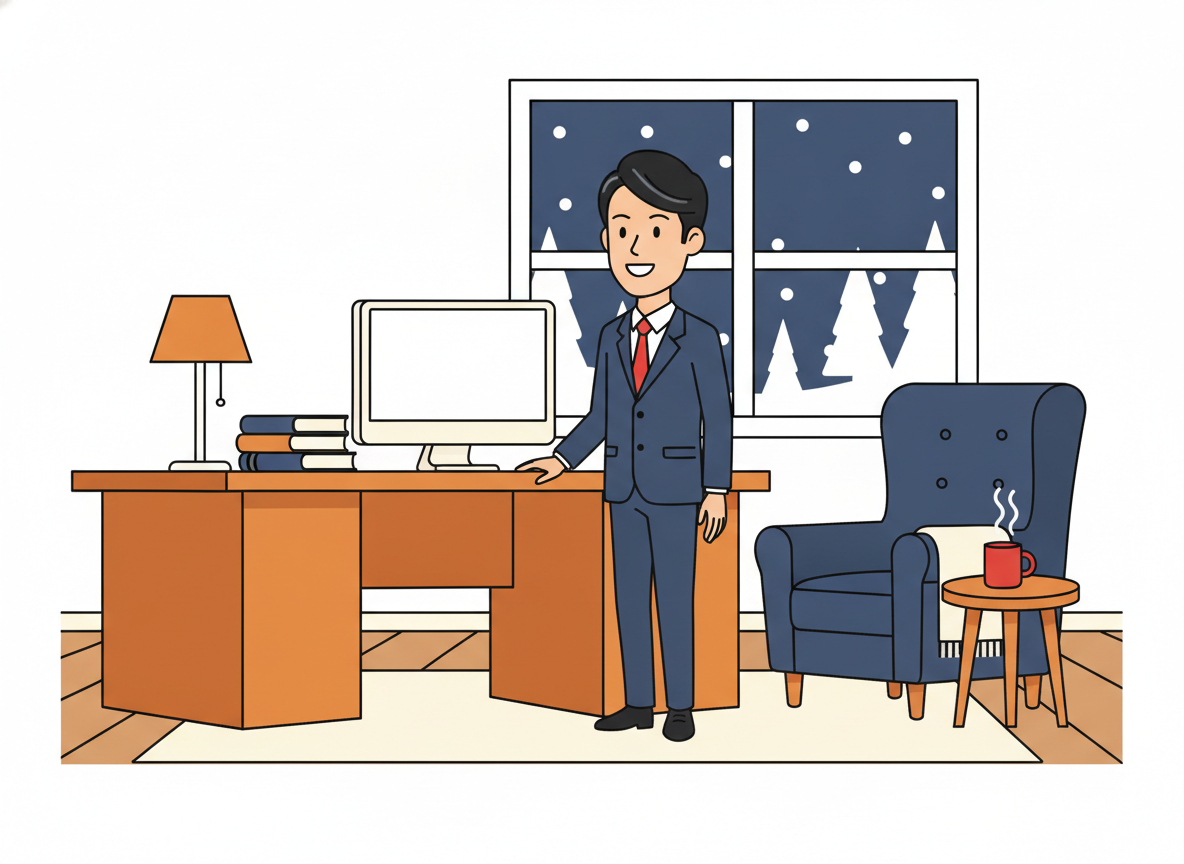 a cozy home study room in northern city, wooden furniture, calm atmosphere, no text
