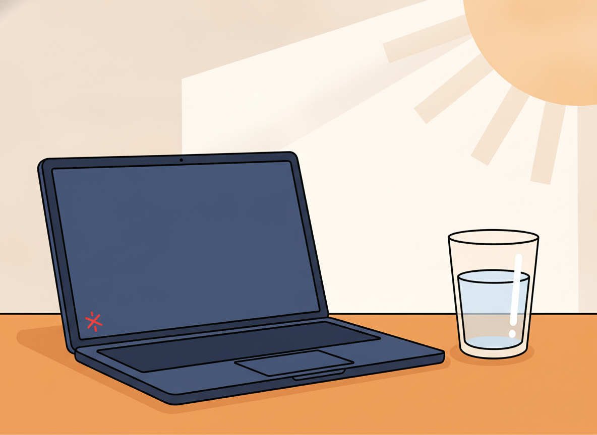a minimalist desk surface with only a laptop and a glass of water, natural light