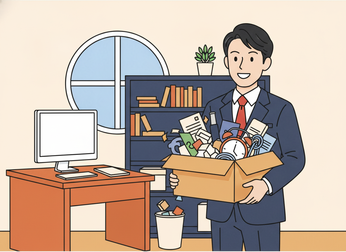 a person decluttering a home office, removing unnecessary items, calm expression, no text