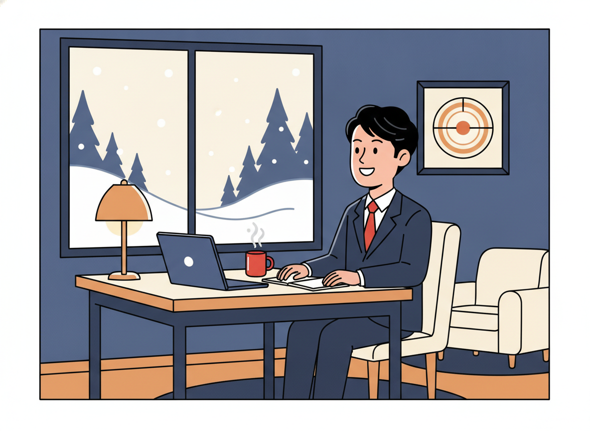 a window with snow outside and a warm lamp on a desk inside, cozy winter home office