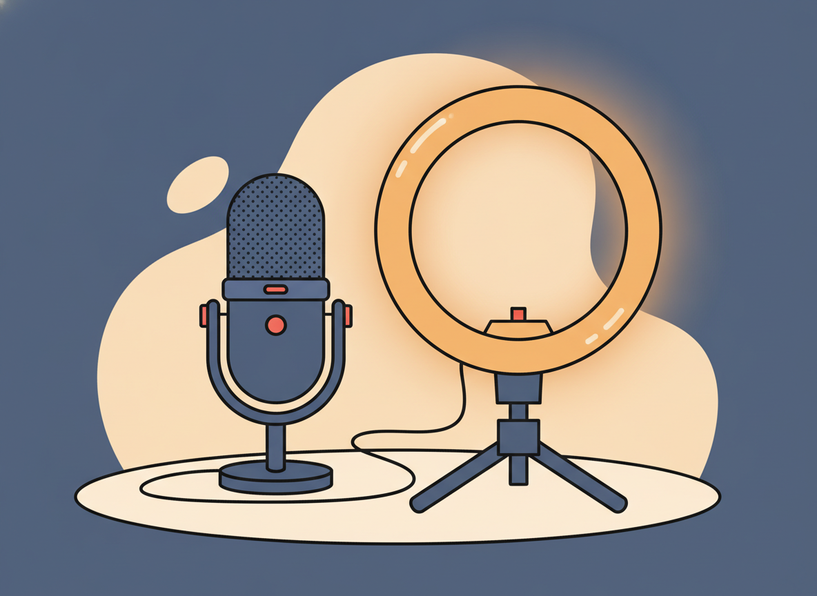 a USB microphone and a ring light side by side on a desk, product-style flat lay, no text
