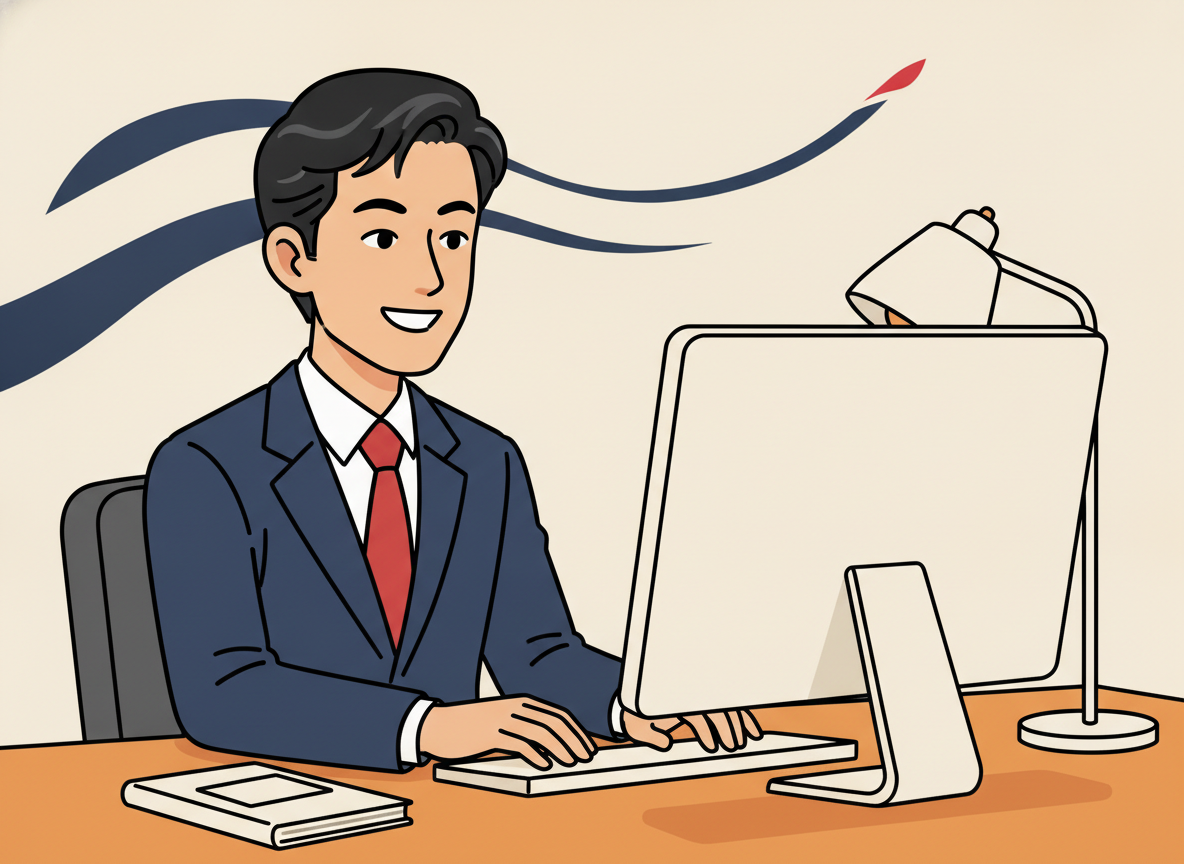 a person at a desk looking at a screen with a sense of purpose, calm and focused, no text