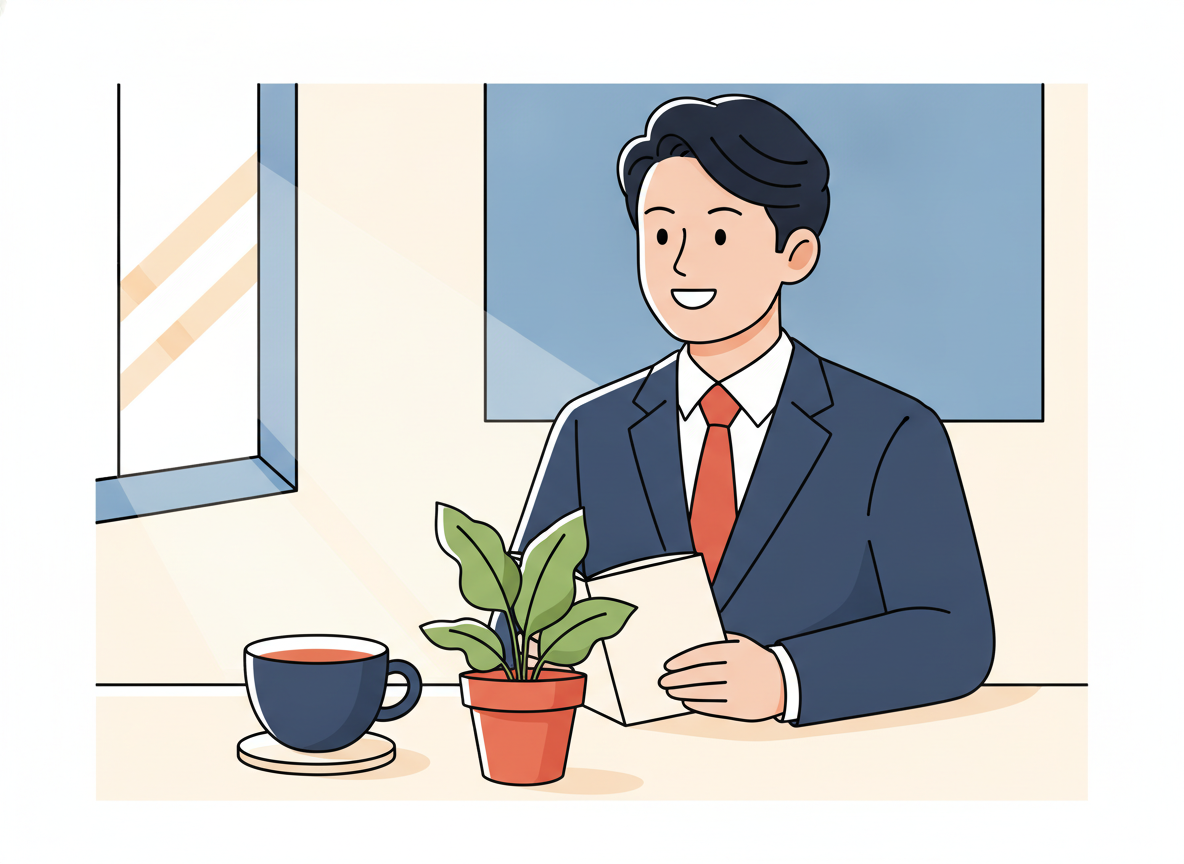 a calm morning desk with a coffee cup and a small plant, soft natural light