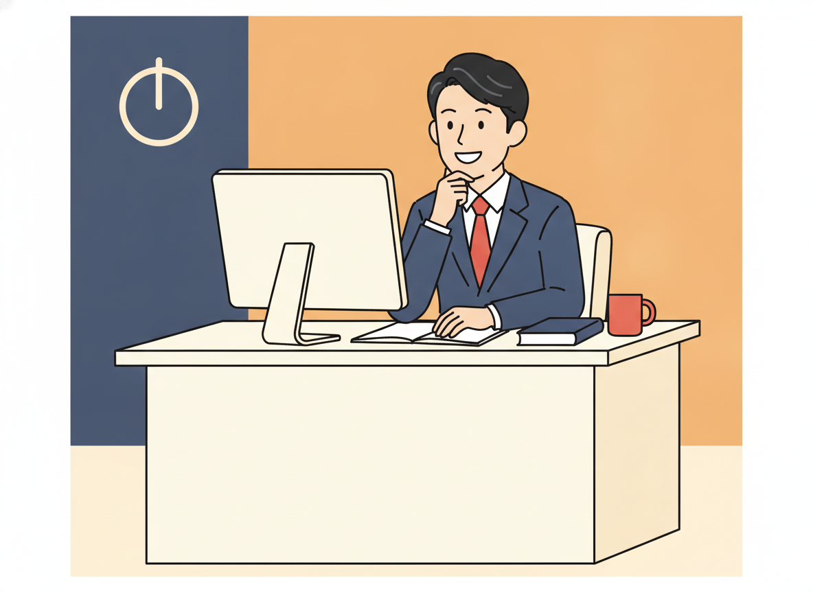 a person sitting alone at a desk looking thoughtful, minimalist office scene
