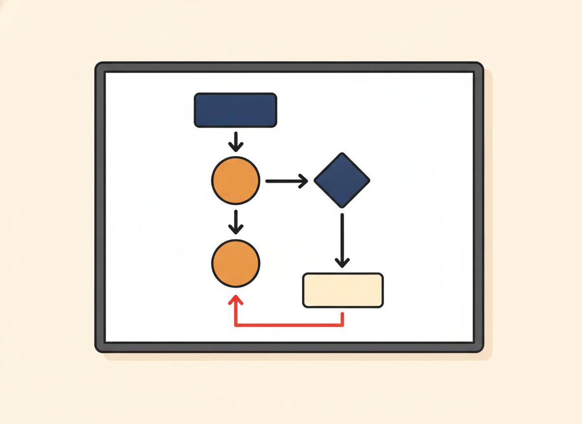a simple flowchart drawn on a whiteboard with arrows, abstract minimal style
