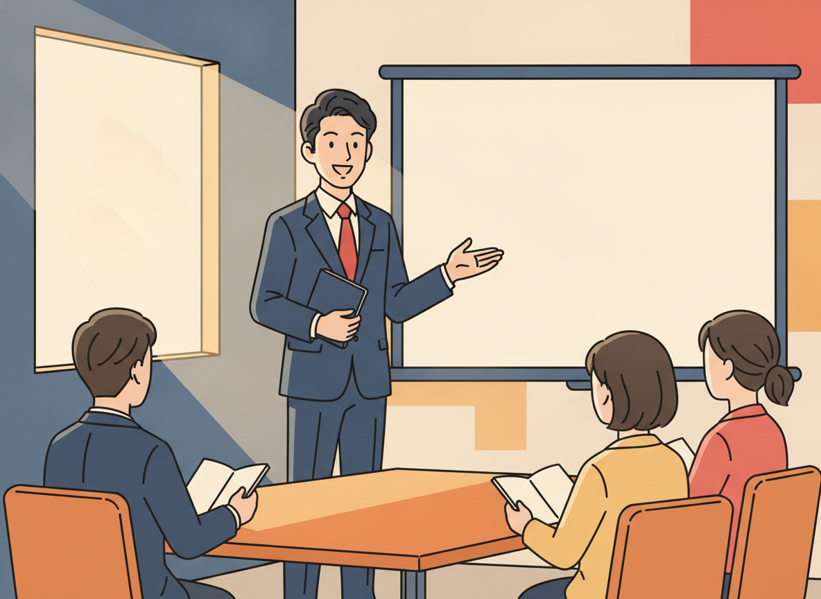 a person confidently presenting to a small group in a bright room, abstract minimal