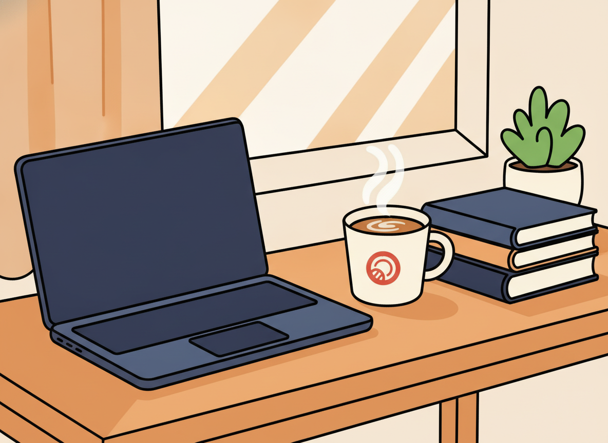 a tidy wooden desk with a laptop and coffee, morning light, no screen content visible