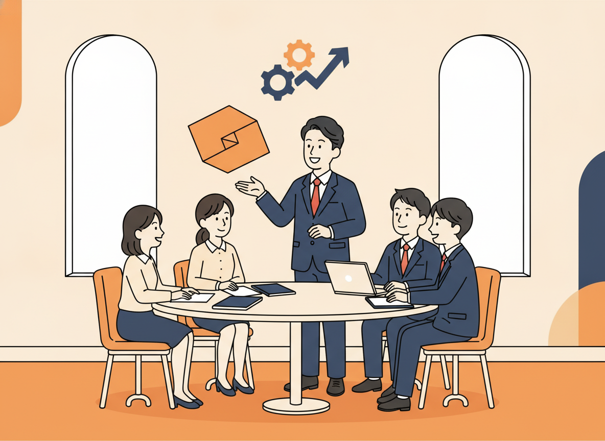 a small group of people gathered around a table in a bright collaborative space, abstract