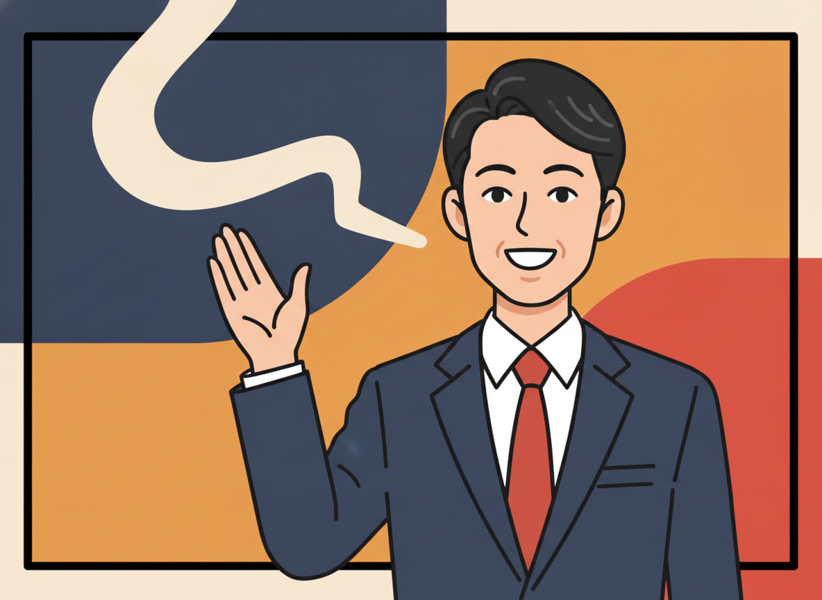 a person raising a hand with a question expression, minimalist abstract background