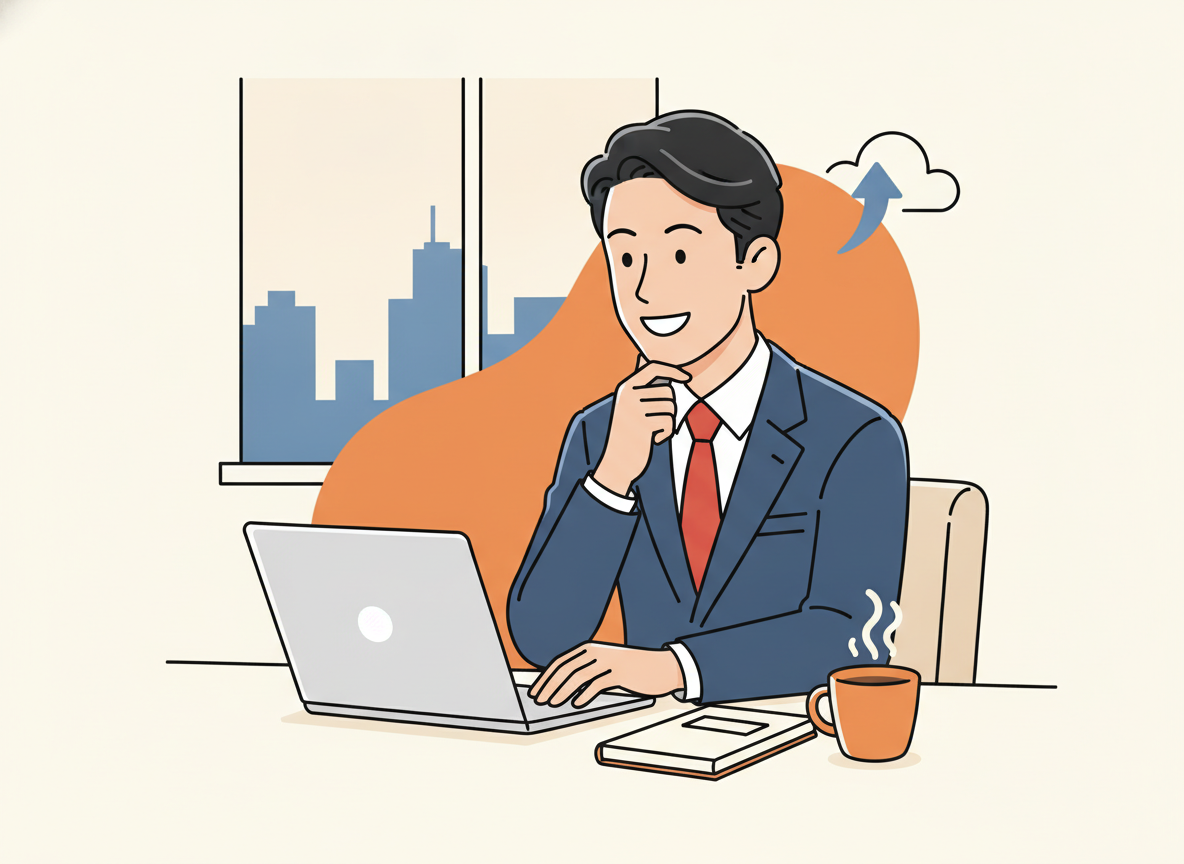 50代経営者がパソコンの前でブログ開設を検討しているイメージ