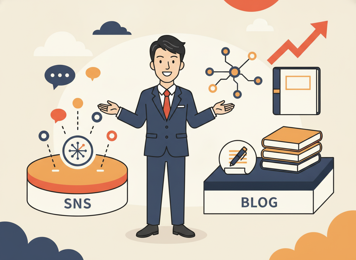 経営者がSNSとブログの違いを説明する図解イメージ
