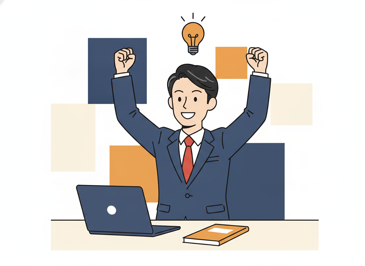 ブログ開設完了後にガッツポーズする経営者のイメージ