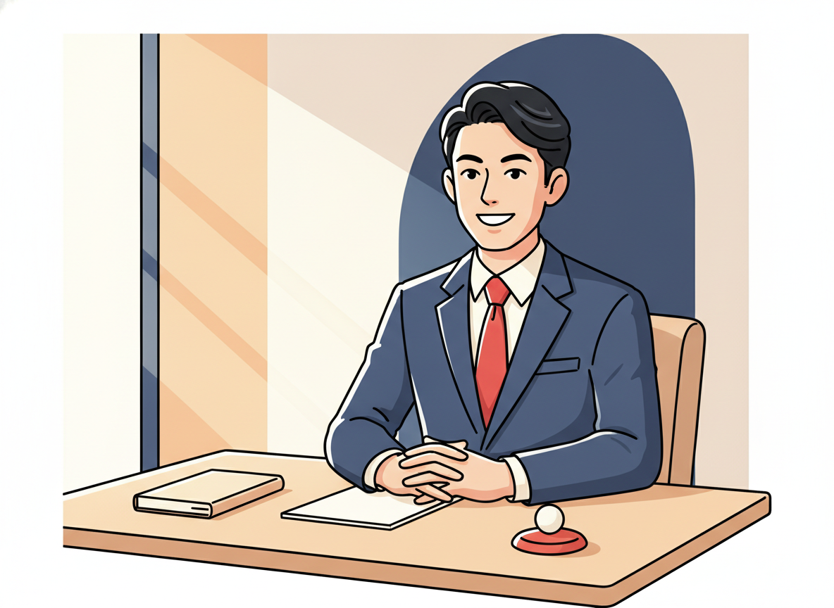a confident business person at a minimal wooden desk in morning light, no screen visible
