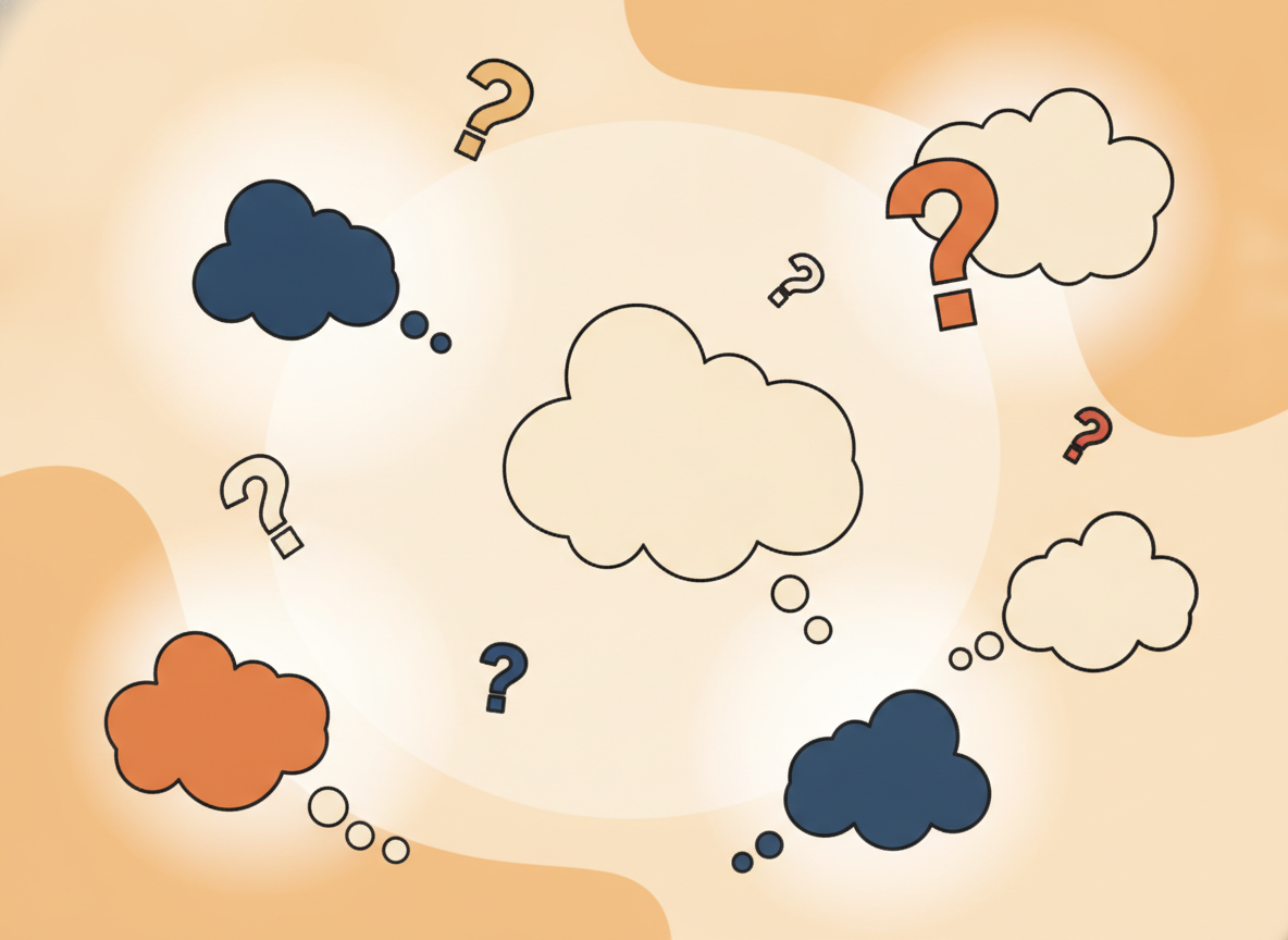 abstract thought bubbles and question marks floating in soft light, no text