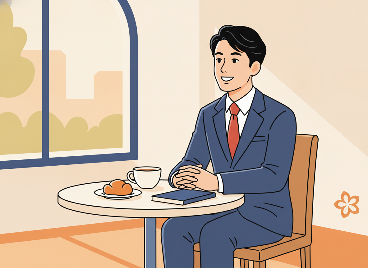 a person pausing thoughtfully at a cafe table in natural light, no device visible