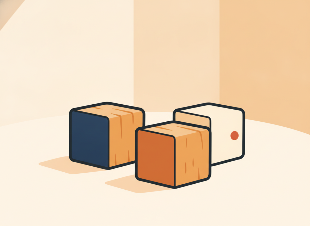 three simple wooden blocks arranged on a clean surface in warm light