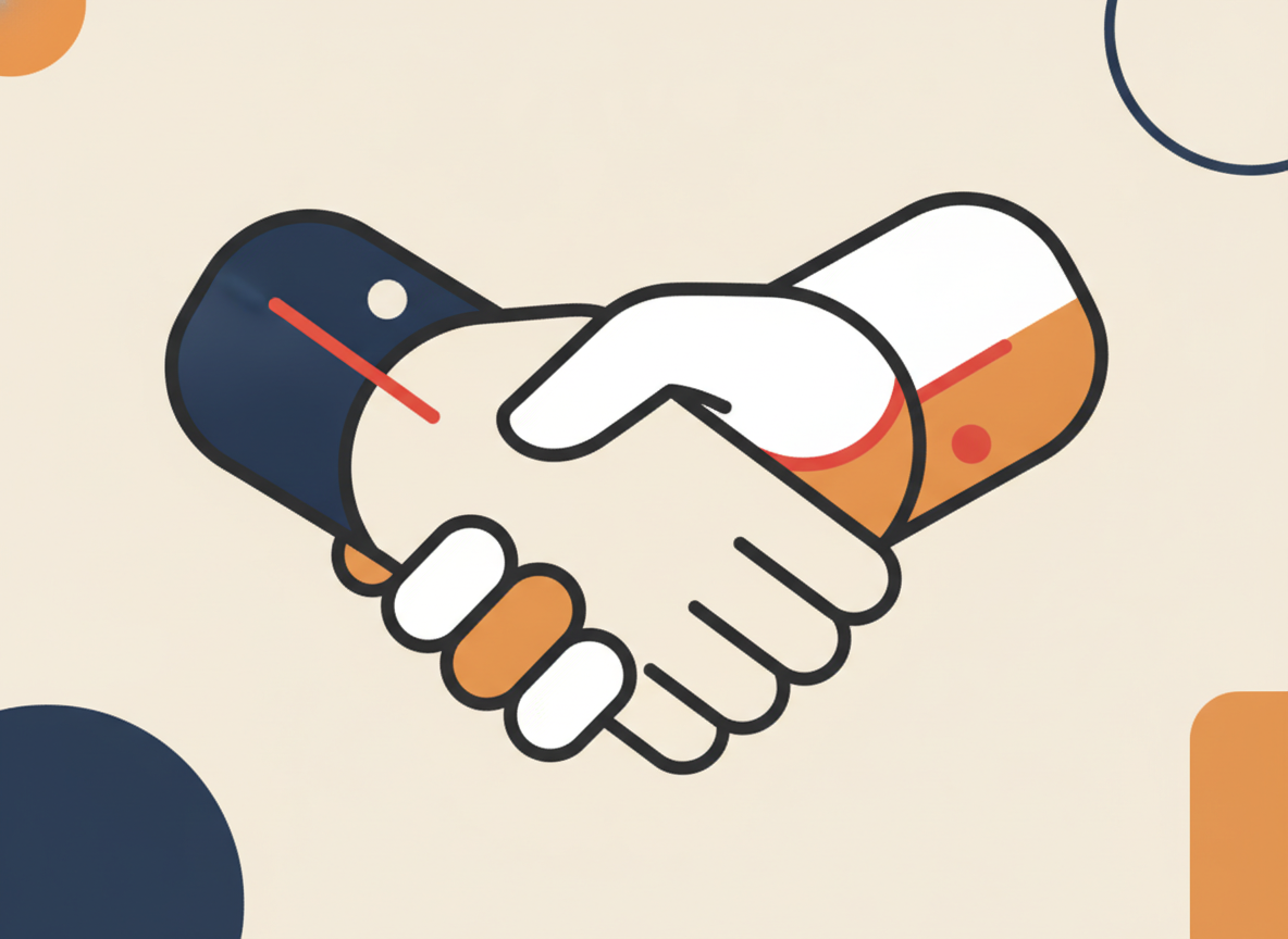 abstract handshake shape made of soft geometric forms, no text