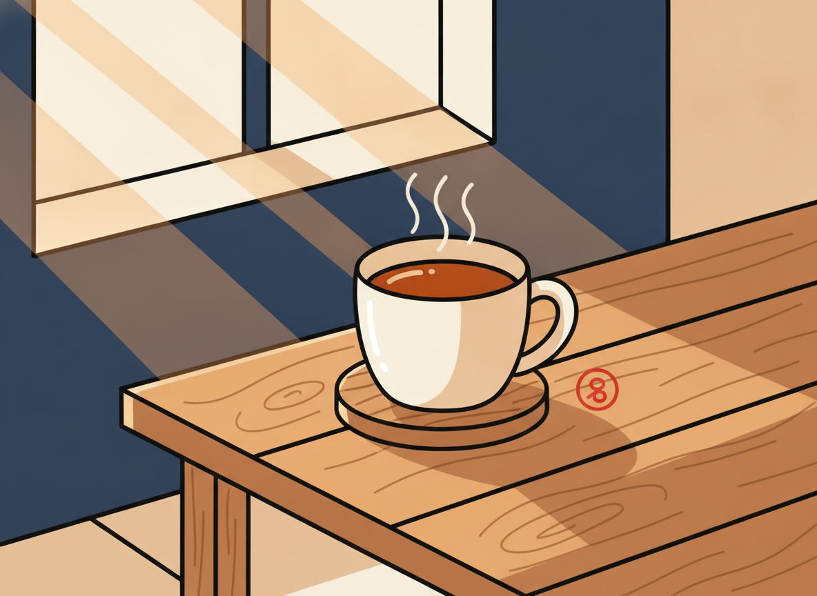 a warm cup of coffee on a wooden table in gentle morning sunlight, no text