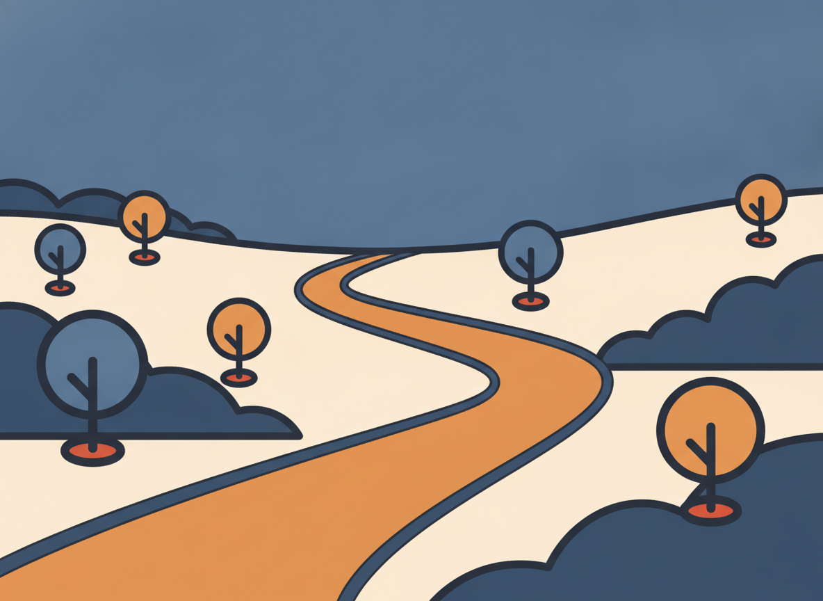 a single path winding through a calm landscape, abstract and minimalist