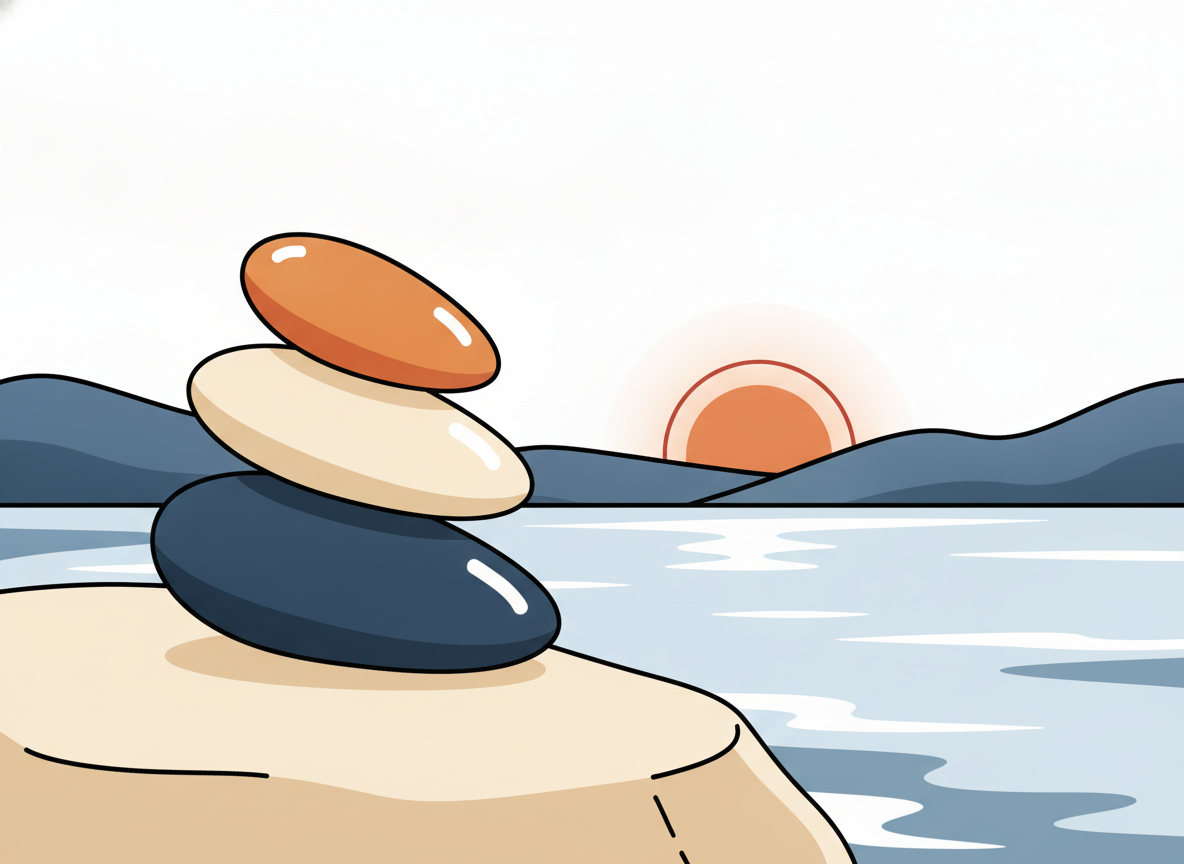 three smooth stones balanced on each other beside calm water