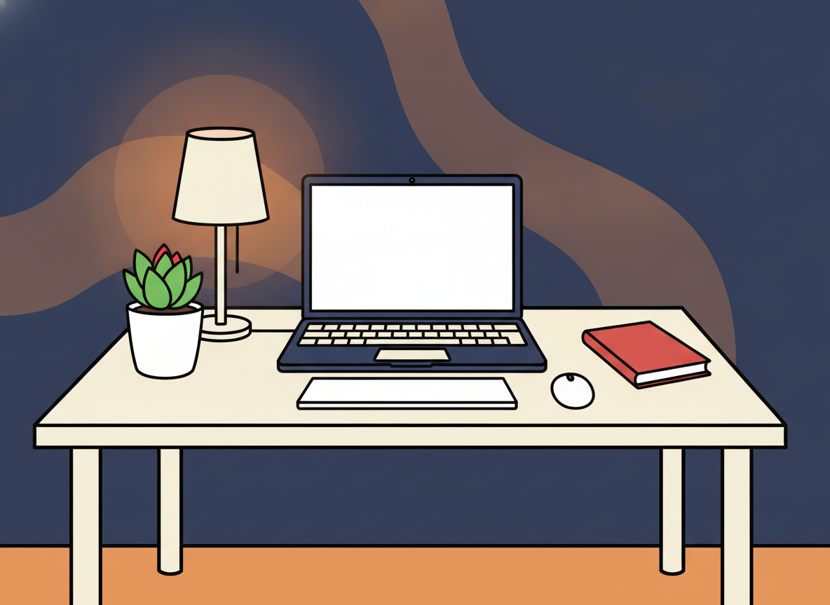 a tidy minimalist desk setup with a small plant, warm ambient light