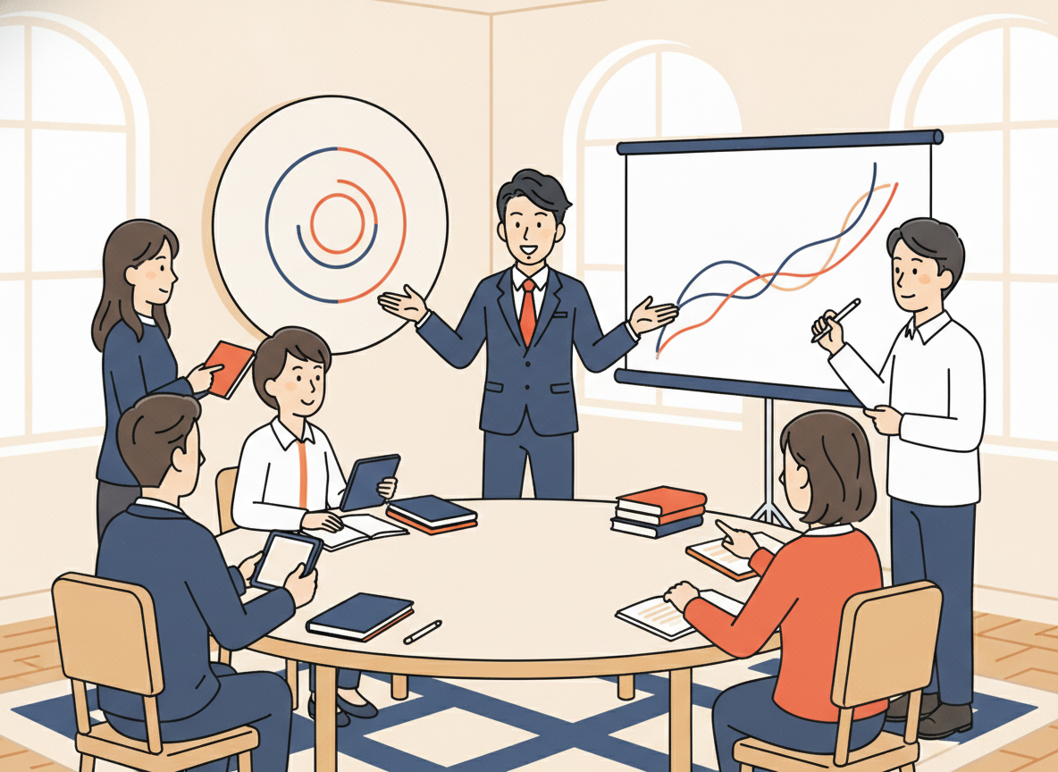 a group of people in a bright airy room engaged in focused learning, abstract