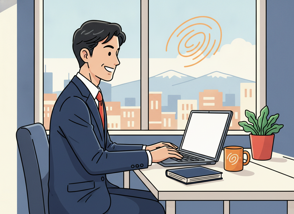 ひとり社長がPCに向かうイメージ・札幌の窓際・朝の光
