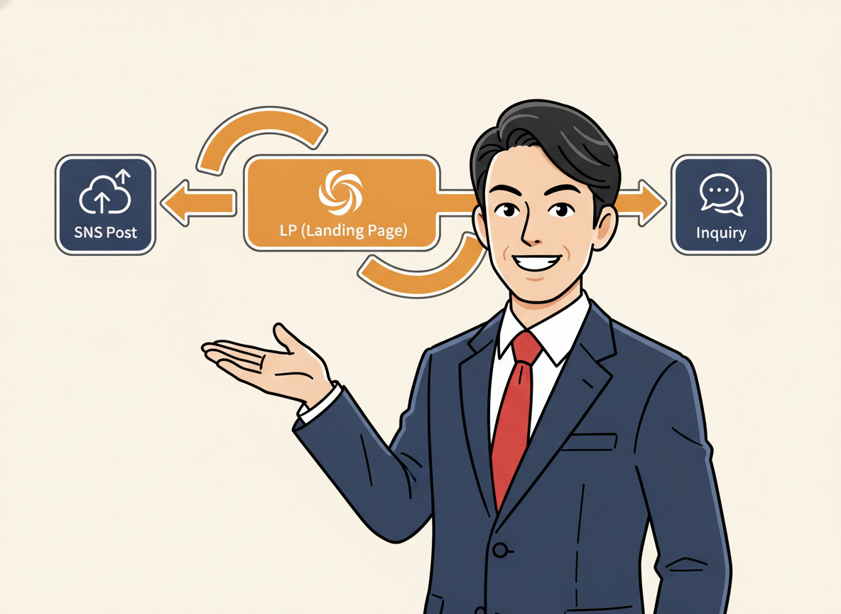 SNS投稿→LP誘導→問い合わせの流れ図解・矢印つき