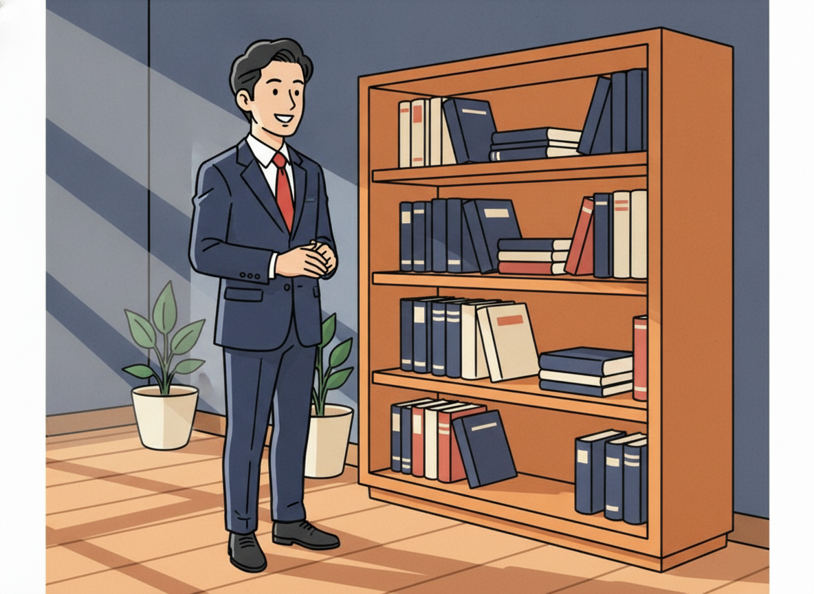 a person standing thoughtfully in front of a wooden bookshelf in morning light