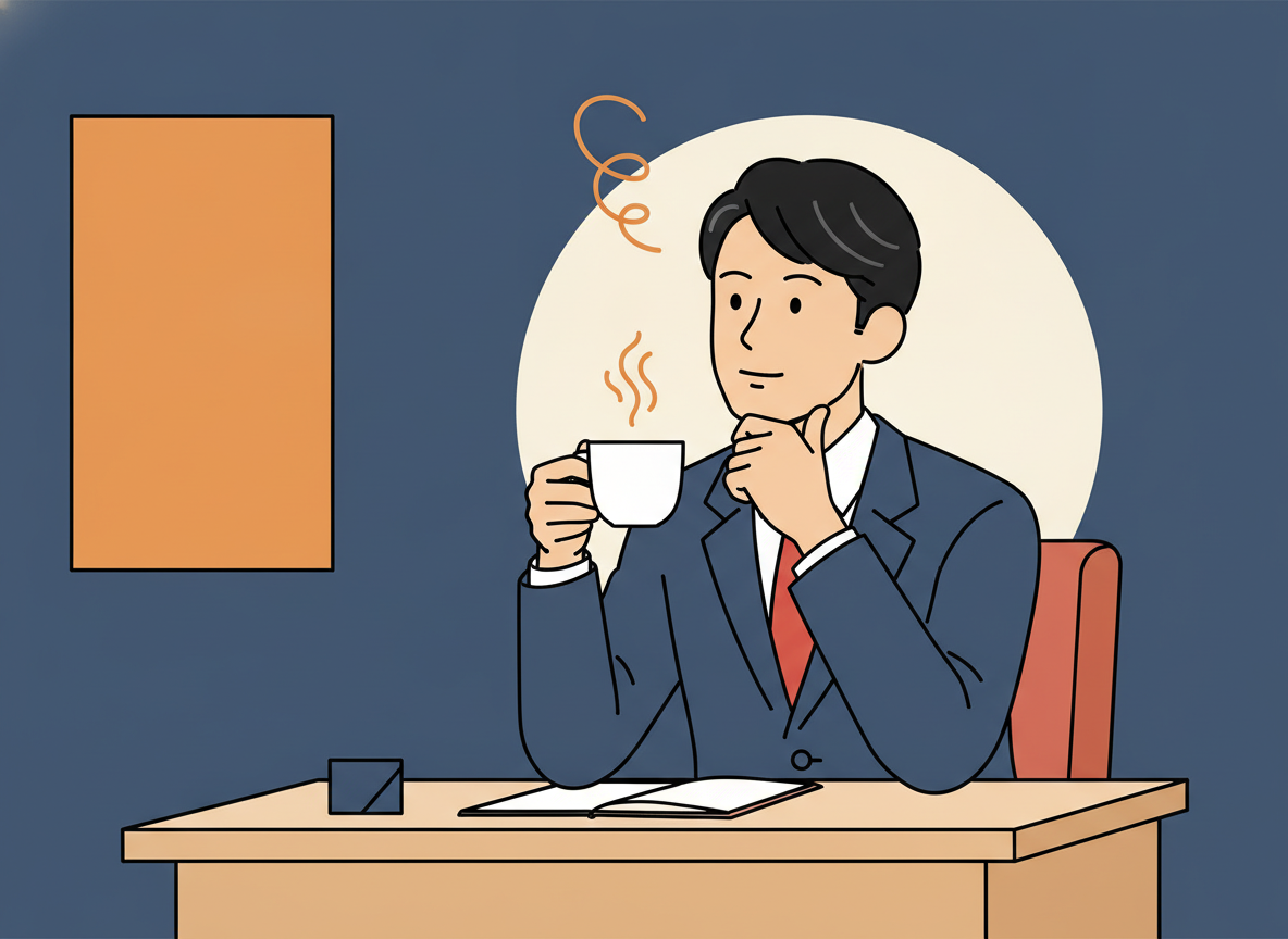 a person sitting at a simple wooden desk with a cup of coffee, thinking