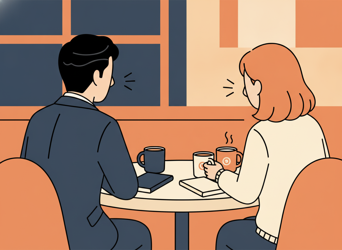 two people having a warm conversation at a small cafe table, from behind